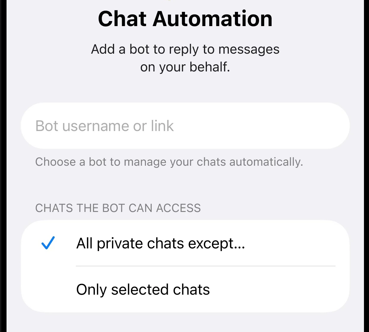 Поле имени бота и выбор доступных чатов в Telegram
