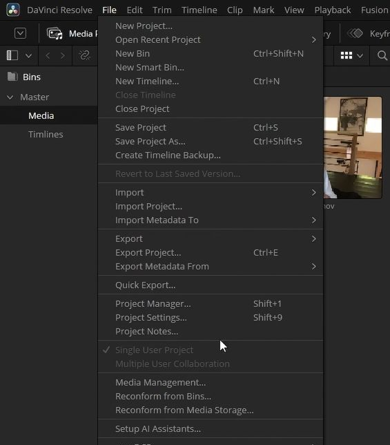 Меню File в DaVinci Resolve с пунктом Setup AI Assistants
