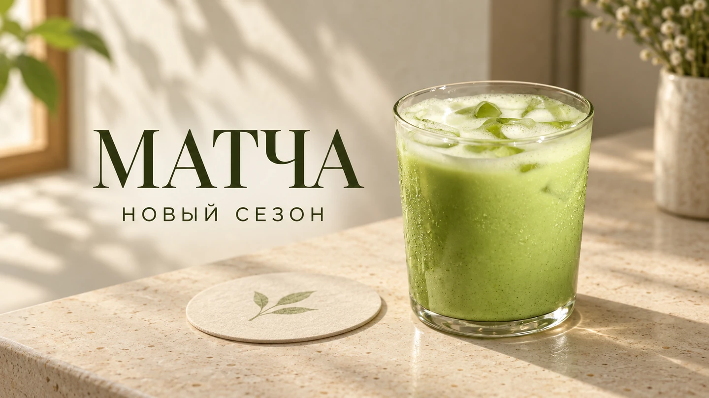 Учебный баннер с матча: напиток, подставка и надписи «МАТЧА» и «НОВЫЙ СЕЗОН»