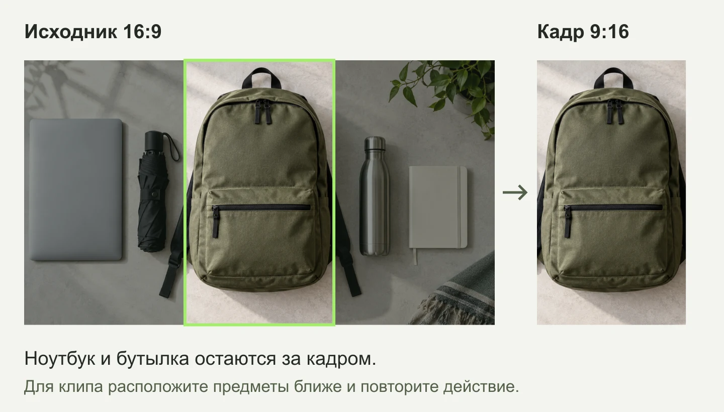 При вертикальной обрезке общего плана ноутбук и бутылка остаются за границами кадра