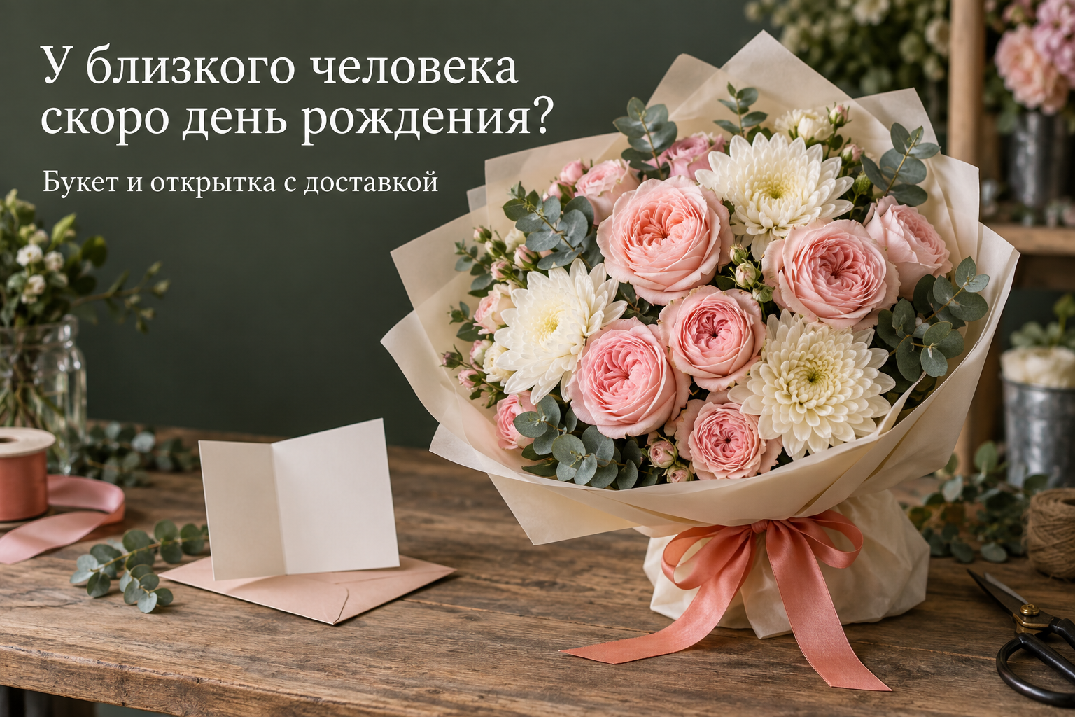 Пример рекламы букета и открытки для близких именинника