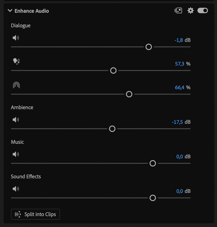 Панель Enhance Audio: Dialogue, Ambience, Music, Sound Effects и кнопка Split into Clips